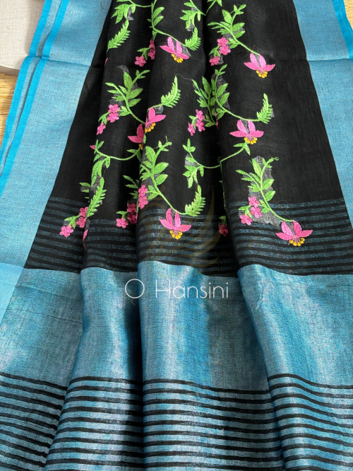 Embroidered Pure Linen Saree