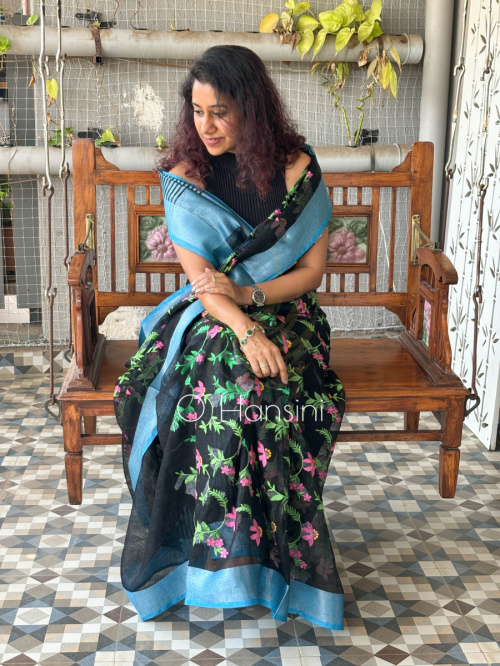Embroidered Pure Linen Saree