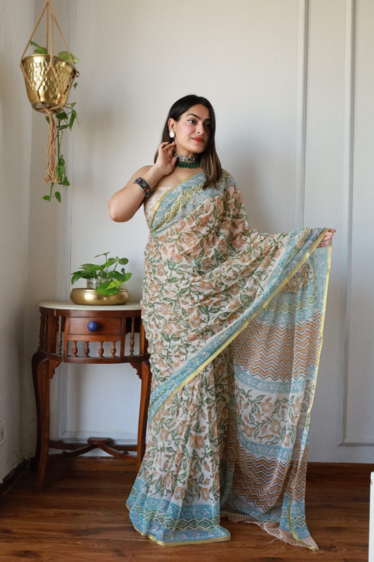 Hand Block Printed Semi Chiffon Saree