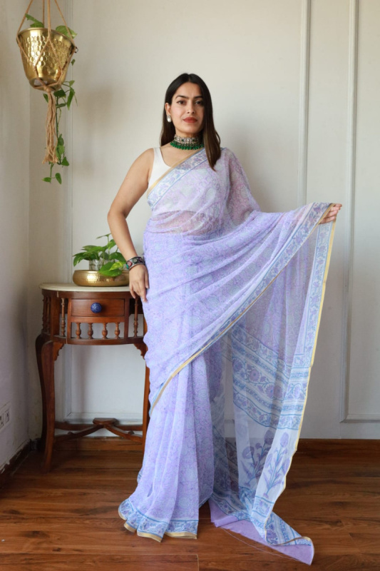 Hand Block Printed Semi Chiffon Saree